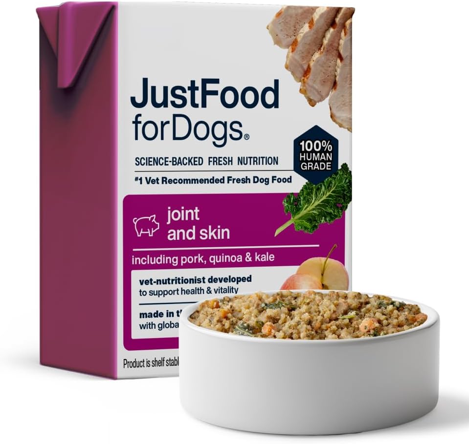 JustFoodForDogs Pantry Fresh Wet Dog Food, Complete Meal or Dog Food Topper, for Joint Health, Skin Health, Allergies, Joint & Skin Support, Pork & Quinoa - 12.5 oz (Pack of 12)